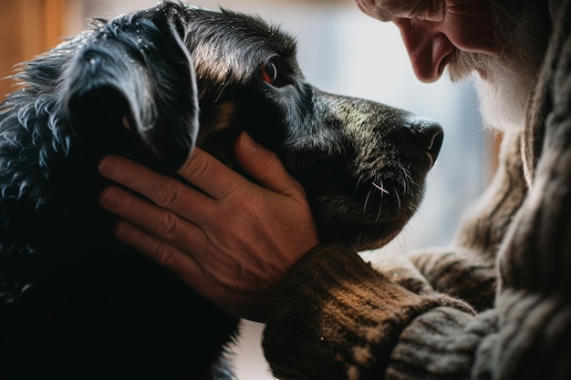 a man leans in towards an old black dog gently supporting her chin on his hand and stroking her head