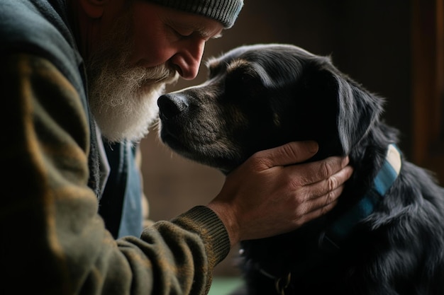 a man leans in towards an old black dog gently supporting her chin on his hand and stroking her head