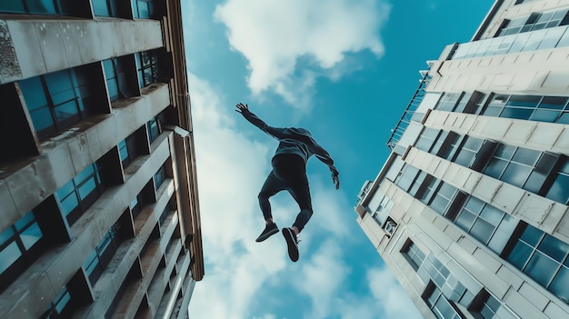 A man leaps between two buildings in the city