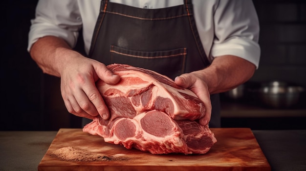 A man in a leather apron holds a piece of raw meat