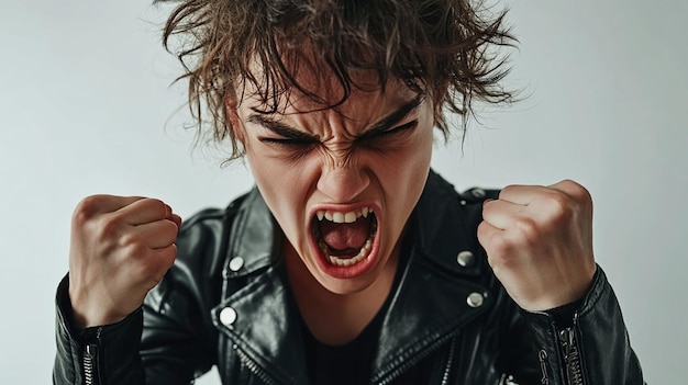 Photo a man in a leather jacket is screaming with his fist clenched