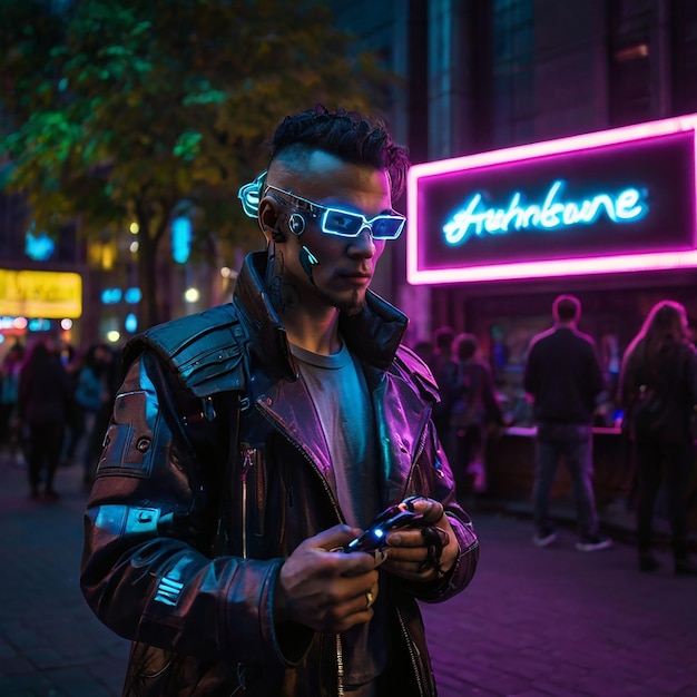 a man in a leather jacket is standing in front of a neon sign that says quot germ quot