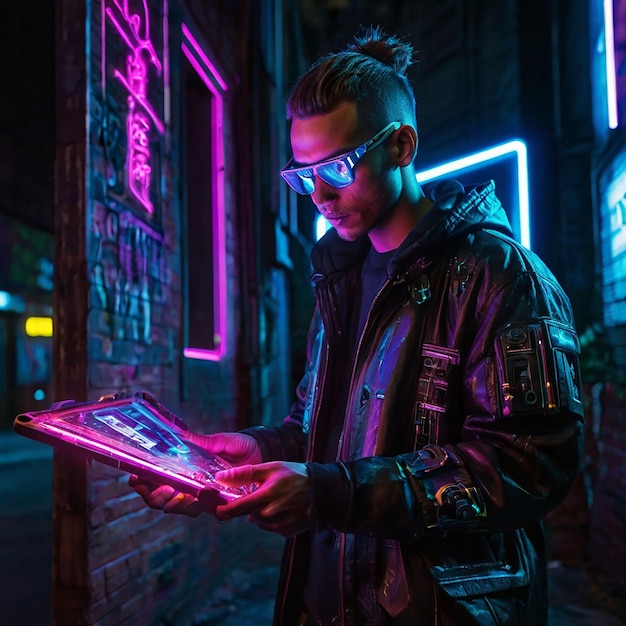 a man in a leather jacket is standing in front of a neon sign that says  nugget