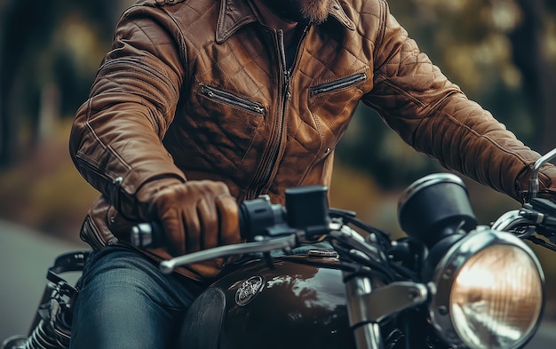 Man in leather jacket riding vintage motorcycle