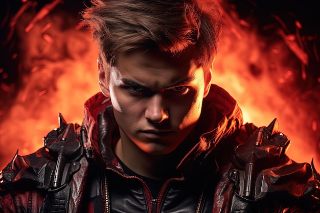 A man in a leather jacket with a red flame in the background