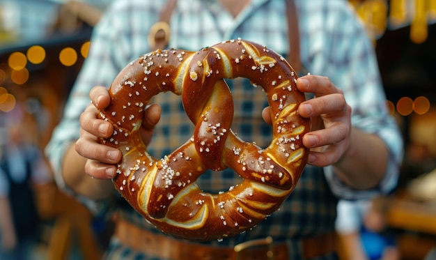 Photo man in lederhosen holding a large pretzel at the oktoberfest festival