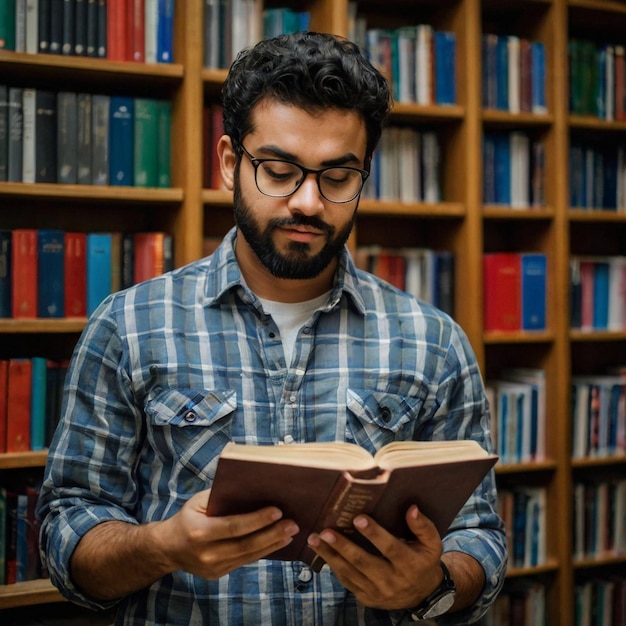 a man in a library with a book in his hand