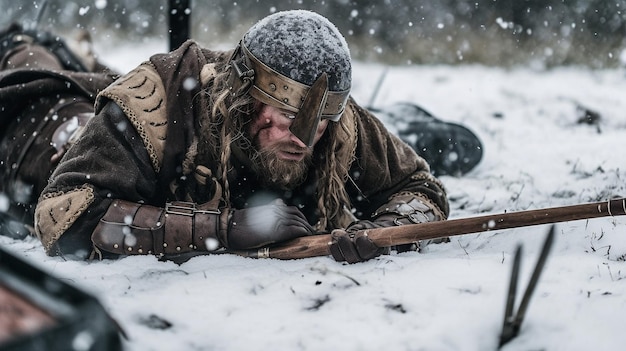 A man lies in the snow with a rifle on his head.