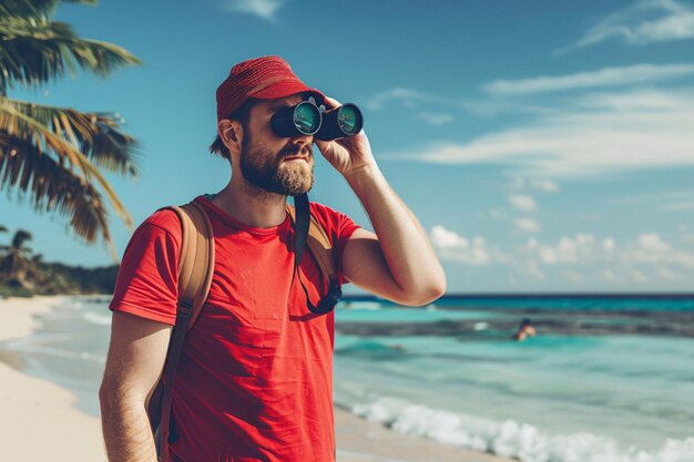 Photo man lifeguard with binoculars on the summer beach