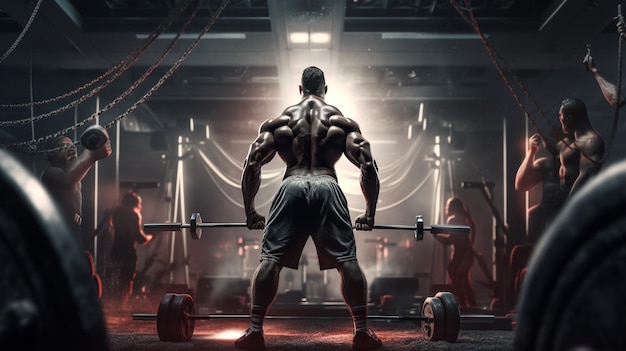 A man lifting weights in a gym with big muscles