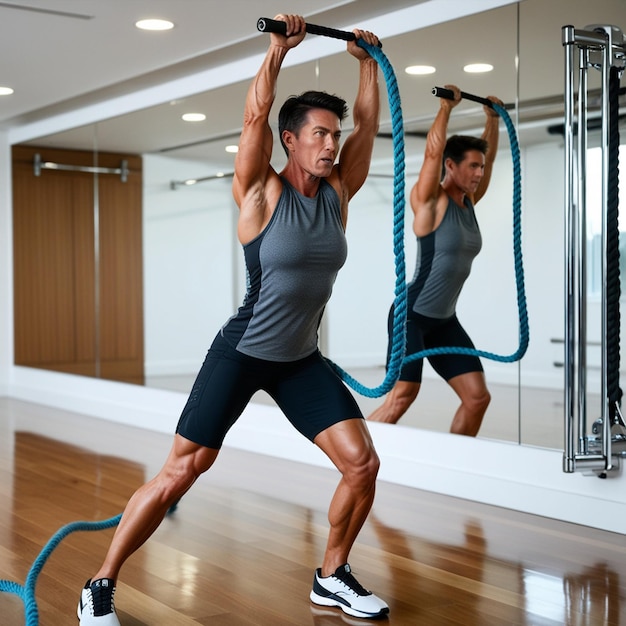 Photo a man lifts a barbell with a barbell in front of him