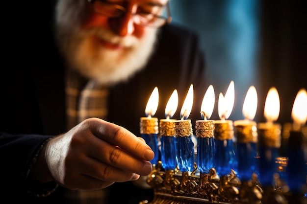 Man Lighting Menorah with Lit Candles