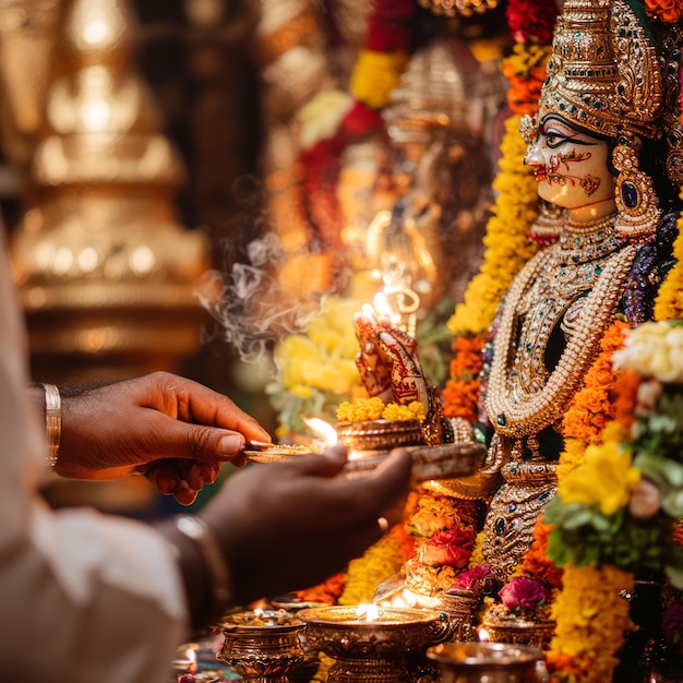 Photo a man lights a diya lamp in front of a hindu deity offering prayers and seeking blessings