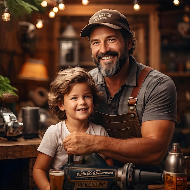 a man and a little boy are smiling at a table with a toy train on it