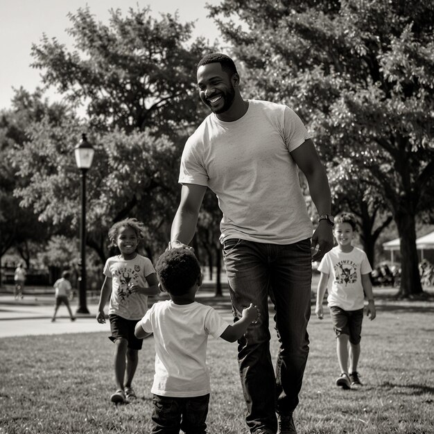 a man and a little boy are walking in a park