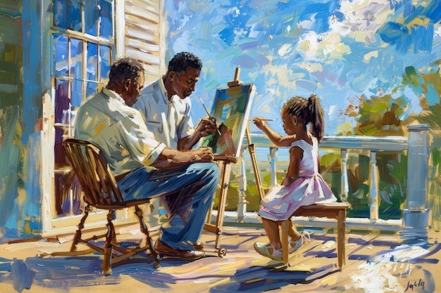 A man and a little girl are painting together on a porch on a sunny day A father and daughter painting together on a sunny porch