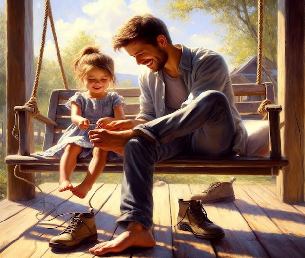 a man and a little girl are sitting on a porch swing