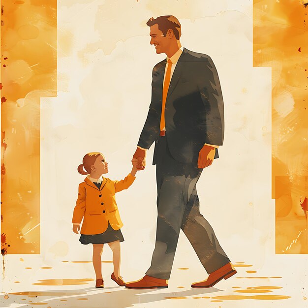 a man and a little girl are standing in front of a wall