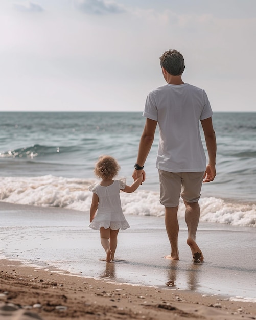 a man and a little girl are walking on the beach