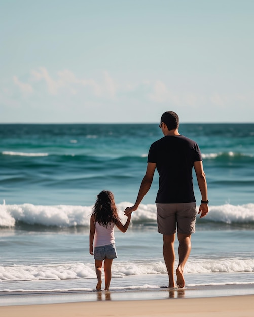 a man and a little girl are walking on the beach