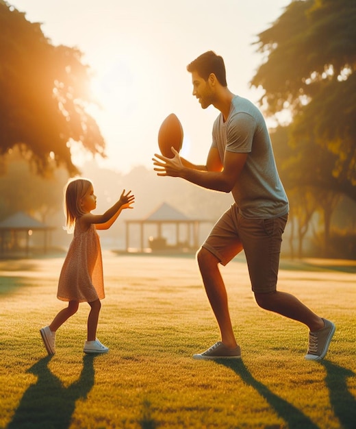 a man and a little girl playing football in the park