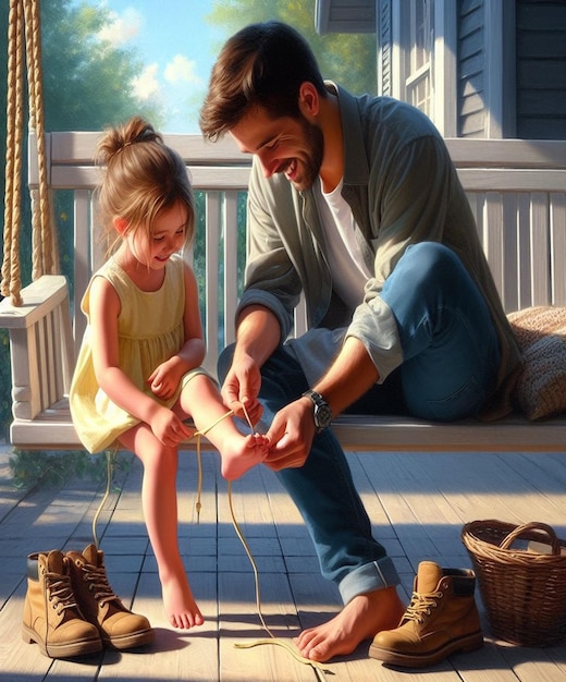 a man and a little girl playing with a wooden shoe