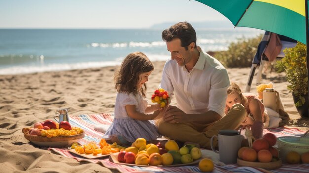 A man and a little girl sit peacefully on a sandy beach enjoying the tranquil beauty of the sunset