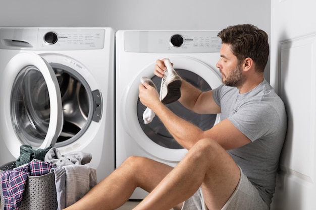 Man loading clothes into washing machine in laundry room middle age man putting laundry in to washin