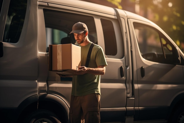 A man loading a van loading boxes with an unloading truck with Generative AI