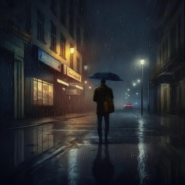 A man on a lonely street on a rainy night