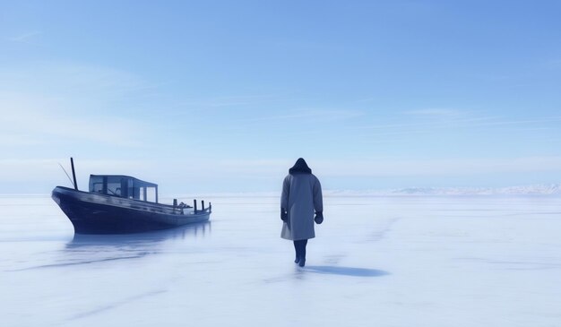 Photo a man in a long coat walks across a frozen lake