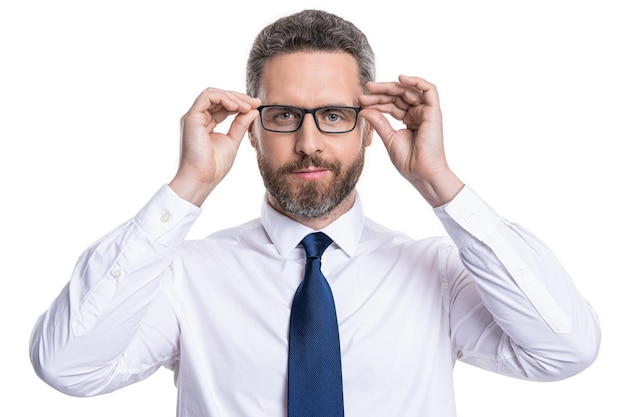 Man look in eyewear glasses at studio man look in eyewear on background