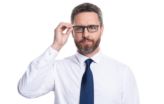 Man look in eyewear isolated on white man look in eyewear at studio