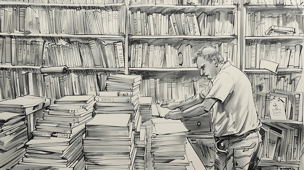 a man looking at books in a library with a man looking at them