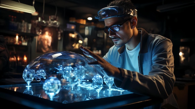 Photo a man looking at a bottle of ice with a glass case that says ice cubes