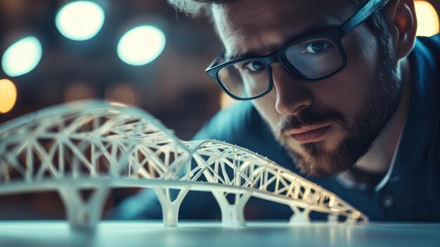 Photo a man looking at a bridge with glasses on