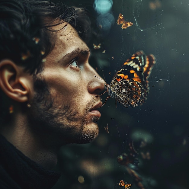 Photo a man looking a butterfly face has all kind of emotions