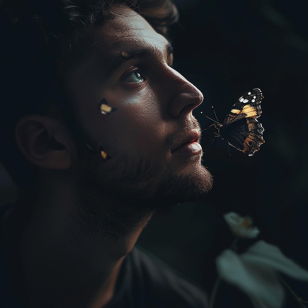 Photo a man looking a butterfly face has all kind of emotions