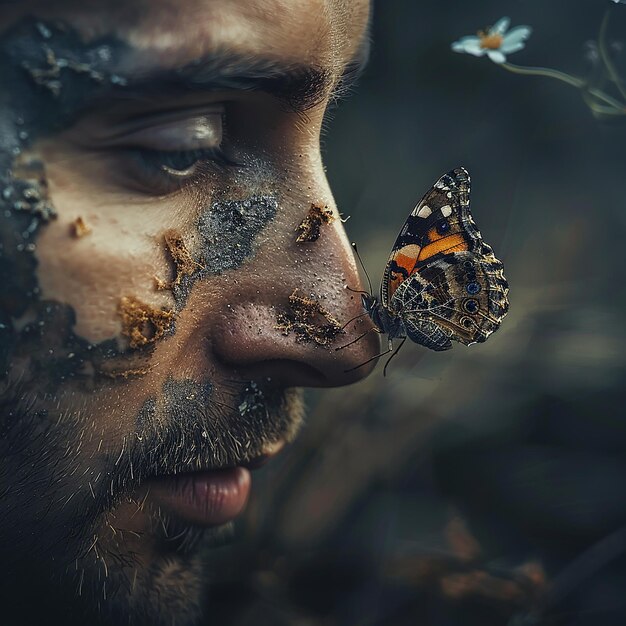 Photo a man looking a butterfly face has all kind of emotions