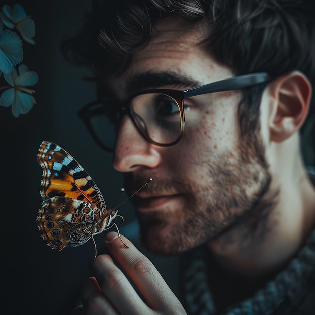 Photo a man looking a butterfly face has all kind of emotions