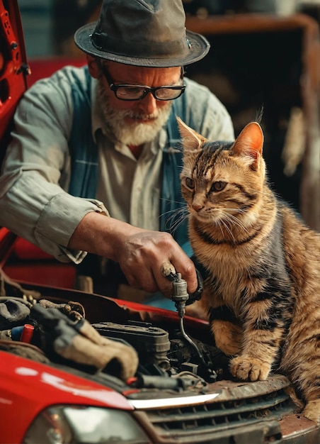 a man looking at a cat on a car engine