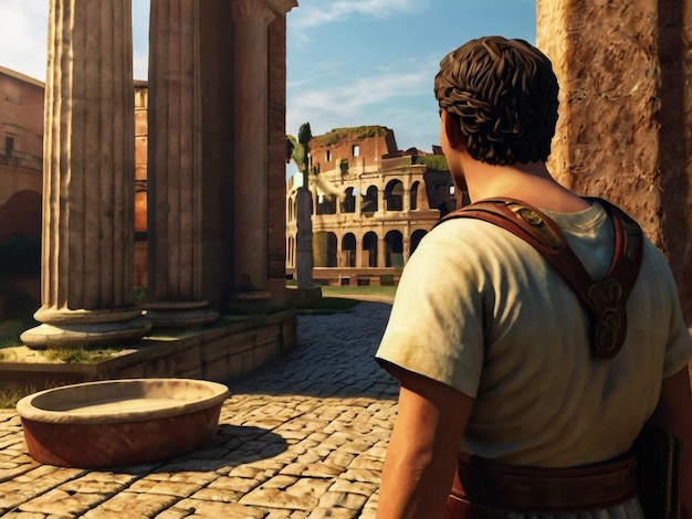 Photo a man looking at a cell phone in front of an ancient building