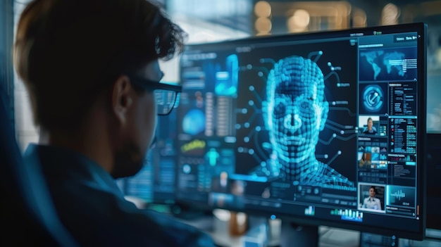 Man Looking at Computer Screen with Digital Face and Data