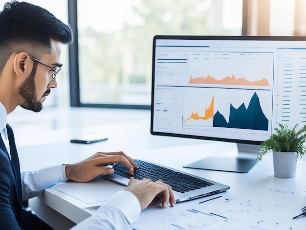 A man looking at a computer screen with a graph on it.