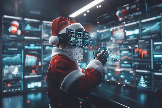 Photo a man looking at a computer screen with a santa hat on