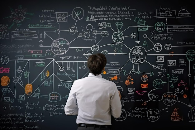 a man looking at diagrams on a blackboard style of sciencebased generative ai