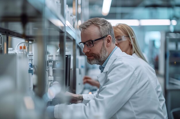 a man looking at a display in a lab with a woman looking at the camera