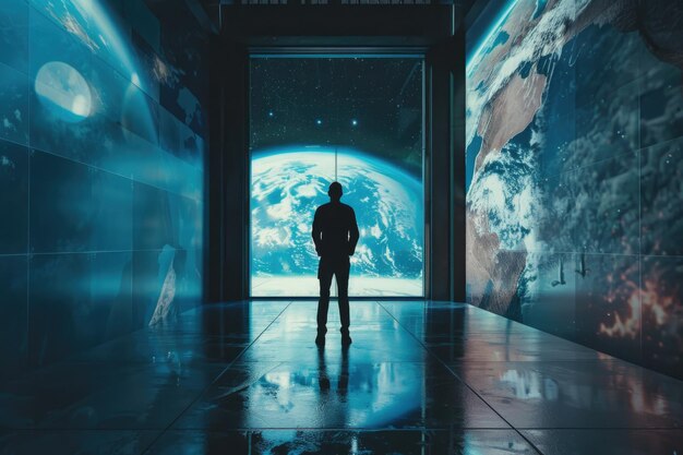 Man looking at Earth from Window