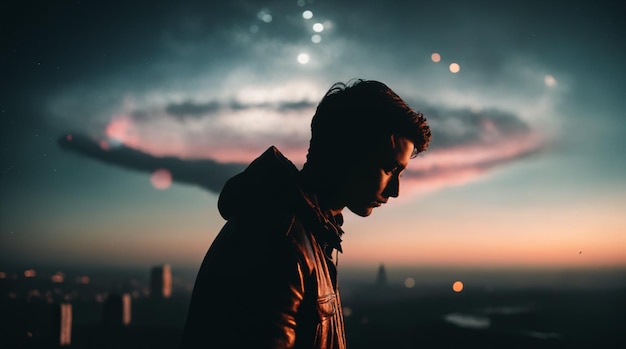 a man looking at fireworks in the night sky