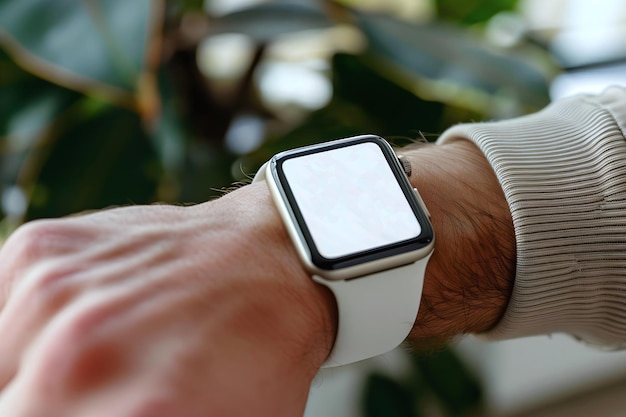 Man looking at his blank empty white smart watch screen on his wrist technology accessories concept